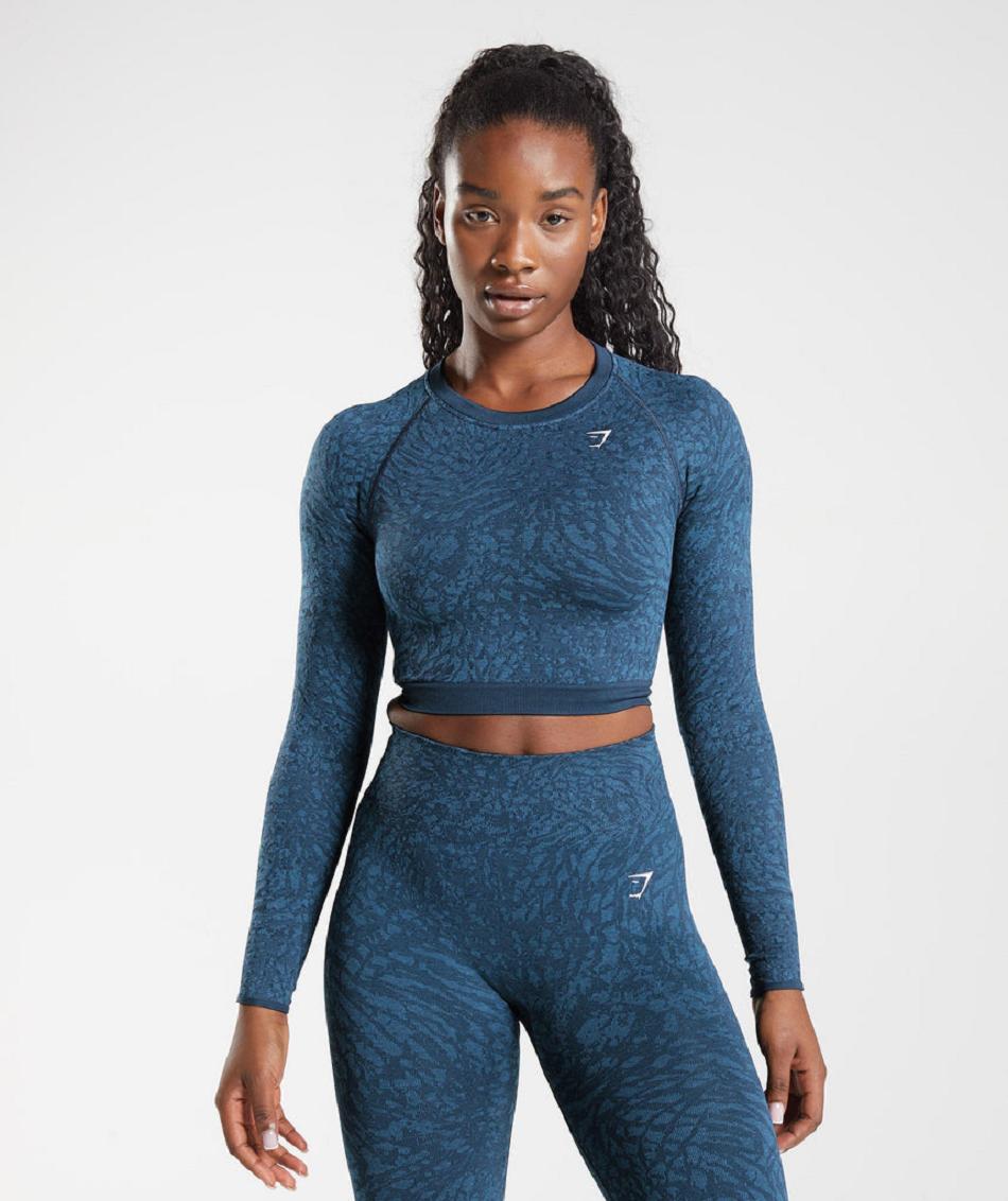 Przycięte Topy Damskie Gymshark Adapt Animal Seamless Koronkowe Up Back Granatowe | PL 2603KOR